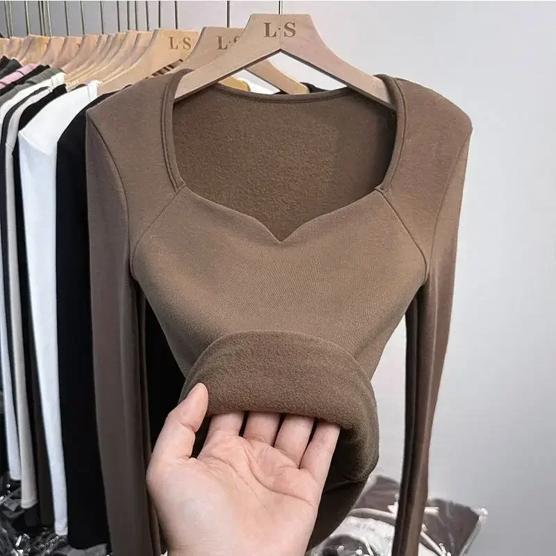 Square Collar Undershirt Autumn Winter Sanding Long Sleeve T-shirt Women Plush Square Neck Short Top Warm Matte Autumn Clothing