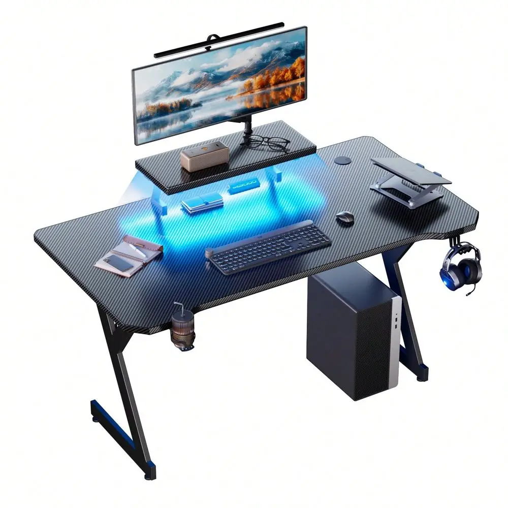 Ergonomic Computer Desk With Monitor Stands, Gaming Desk With LED Lights Carbon Fibre Surface, Ergonomic Home Office Desks Y Sh