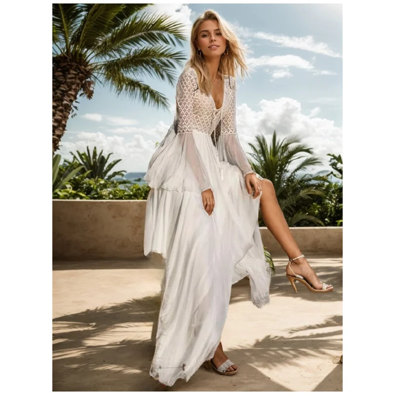 المرأة البوهيمي الدانتيل فستان ماكسي الأبيض جرس كم الخامس الرقبة فلوي شاطئ ثوب زفاف الشيفون الطابق طول فستان صيفي #4