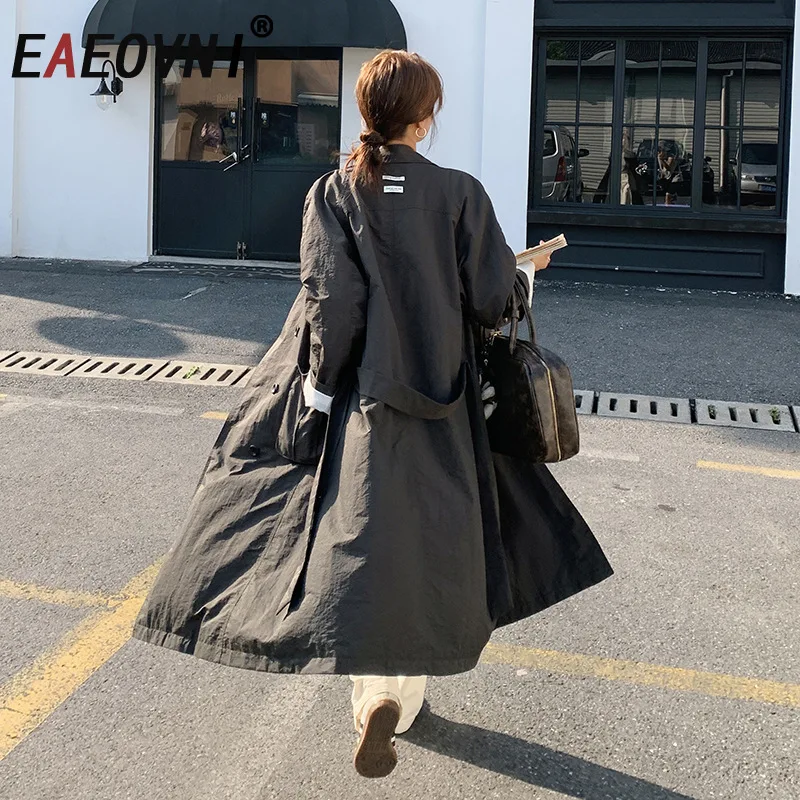 

EAEOVNI Vintage Style Long Coat Jacket Women Lapel Pockets Button Belt Gathered Waist Windbreaker Office Lady 2025 Autumn New