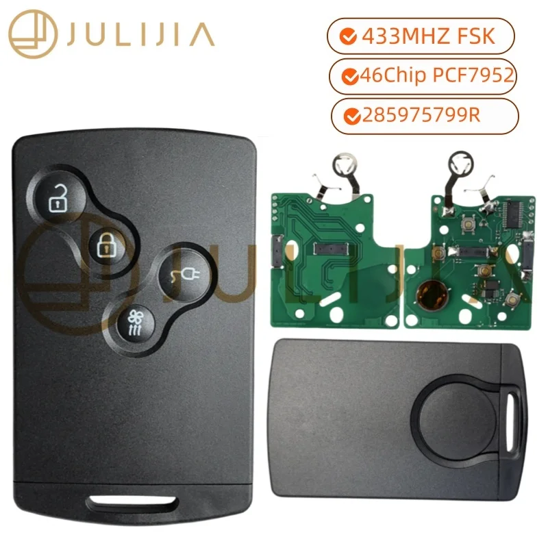 JULIJIA For Renault Megane III Fluence Laguna III Scenic 46 Chip PCF7952A 433 Mhz 2009-2015 4Buttons Keyless Smart Card Car Key