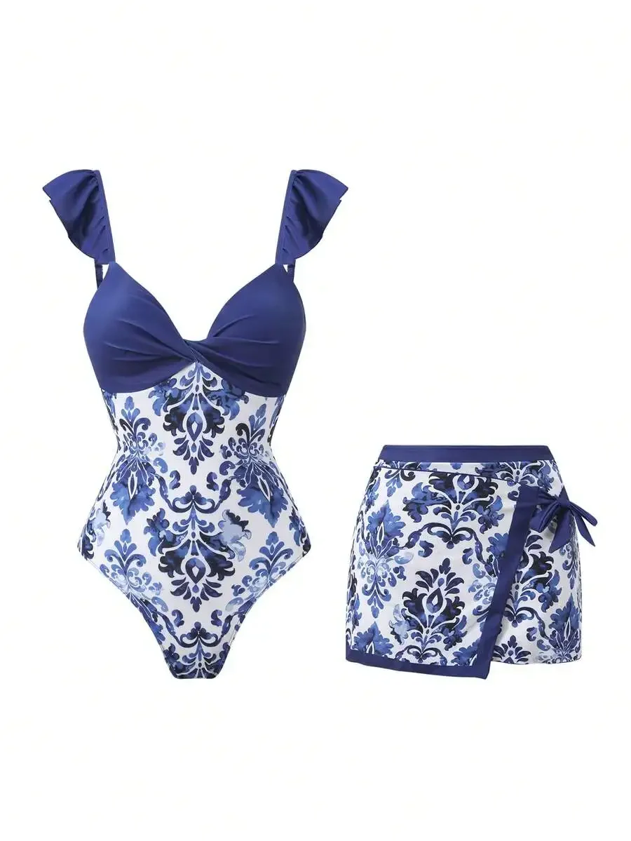 Womens Blue Floral Print Ruffle Shoulder One-Piece Swimsuit With Wrap Skirt Set