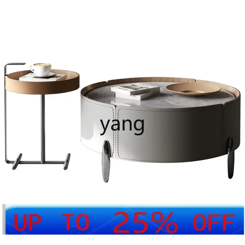 

LMM new pearl rock slab coffee table combination saddle leather solid wood living room round coffee table