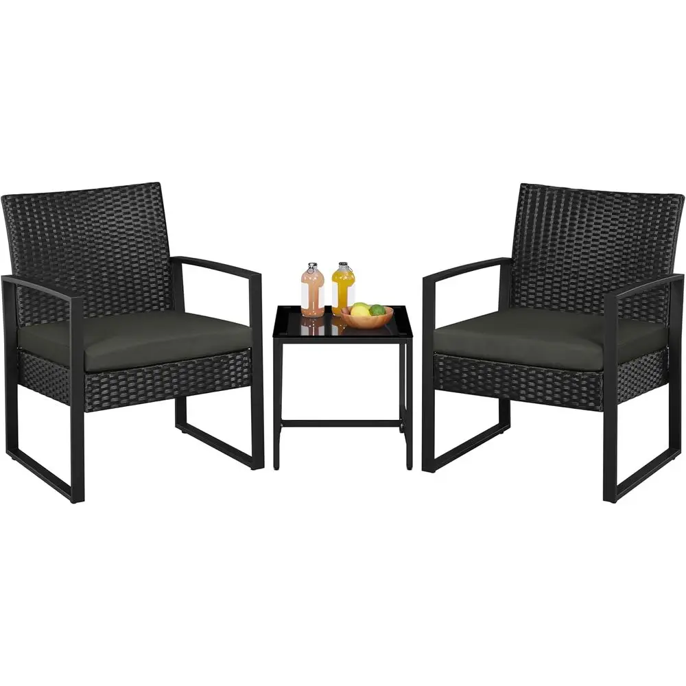 

Rattan Bistro Set with 2 Chairs and Tempered Glass Table for Patio, Garden, Black/Gray