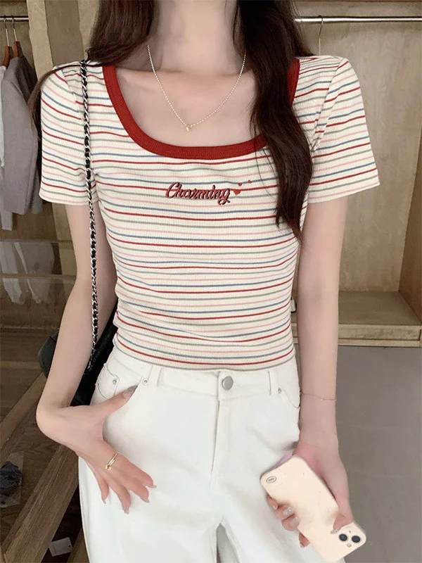 Red Striped Short Sleeve Slim Fit Women's T-shirt Summer Fashion Korean Style Shoulder Length Design Body Shape Highlighting Top