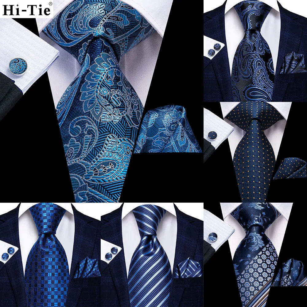 Teal Blue Floral 63inch Silk Mens Extra Long Ties for Men Woven Classic 160cm Mens Necktie Pocket Square Set Cufflinks Hi-Tie