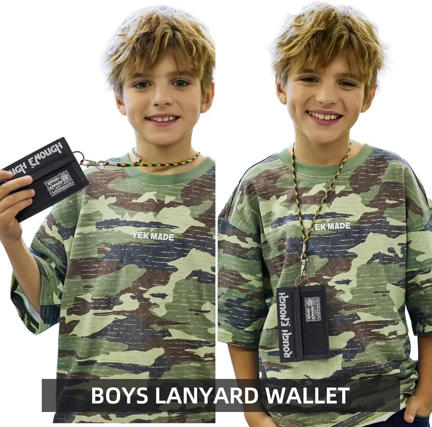 Rough Enough Wallet for Kids Boys Teens Heavy Duty Fabric with Zipper Coin Pocket Neck Strap and Keychain Card Holder