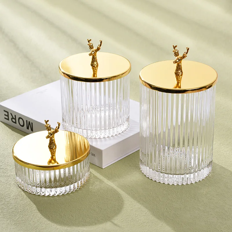 

Transparent vertical striped glass storage jar with golden lid candy tea dried fruit storage jar cotton swab jewelry box