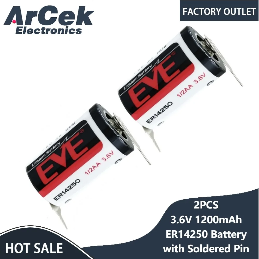 2PCS EVE ER14250 Battery with Soldered Pin 3.6V 1200mAh Tabbed LS14250 for Wireless Temperature Probe Motherboard PLC Programmer