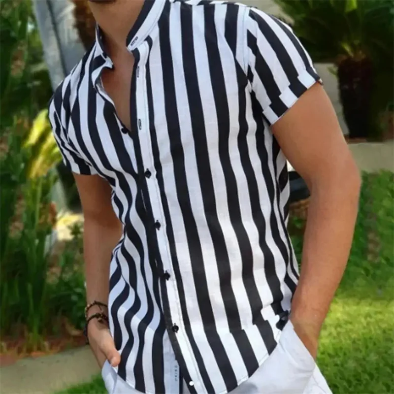 

Men's Shirt Fashion Slim Summer Casual Shirt Men's Short Sleeve Shirt Striped Stand Collar Men's Cardigan Outdoor Tops XS-6XL