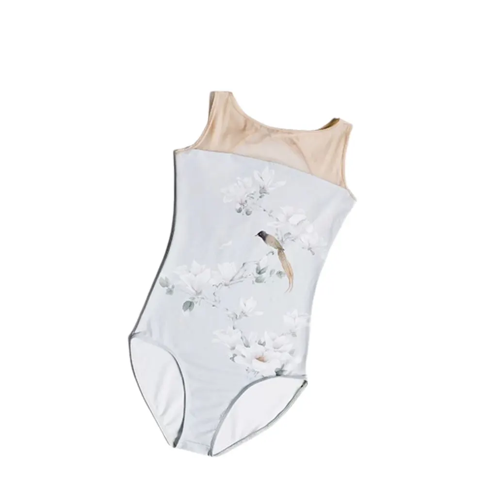 Justaucorps de ballet pour femme, vêtements d'entraînement, fleur de magnolia et oiseau, robe de performance, costume de yoga aérien