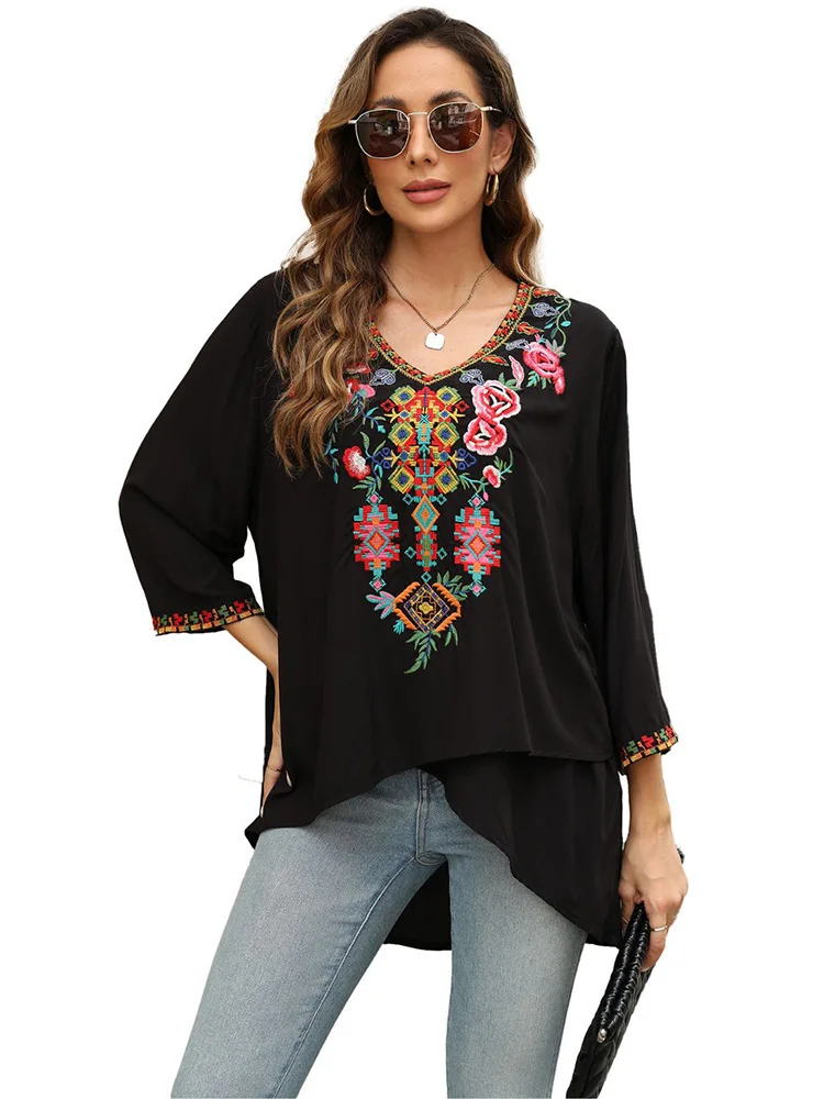 

KHALEE YOSE Floral Embroidery Blouse Shirt V-neck Boho Ethnic Vintage Chic Spring Autumn Shirt Women Ladies 23XXXL Shirt Tops