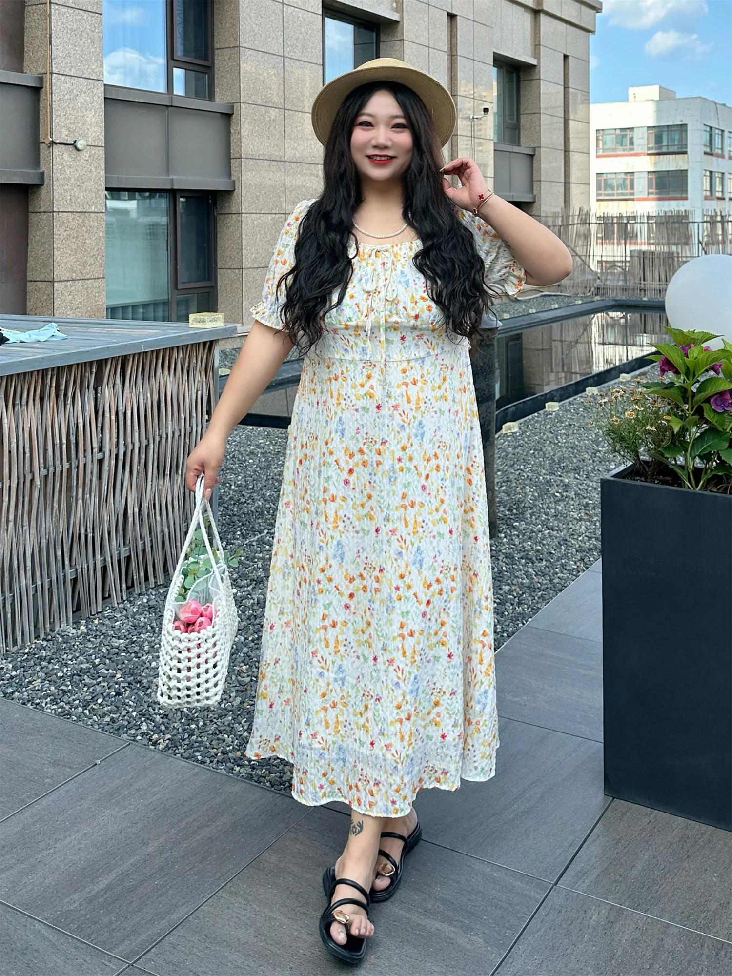 

Модное летнее длинное платье больших размеров для женщин, с высокой талией, рукавами-фонариками, создающее ощущение роскоши, омолаживающее, трендовое.