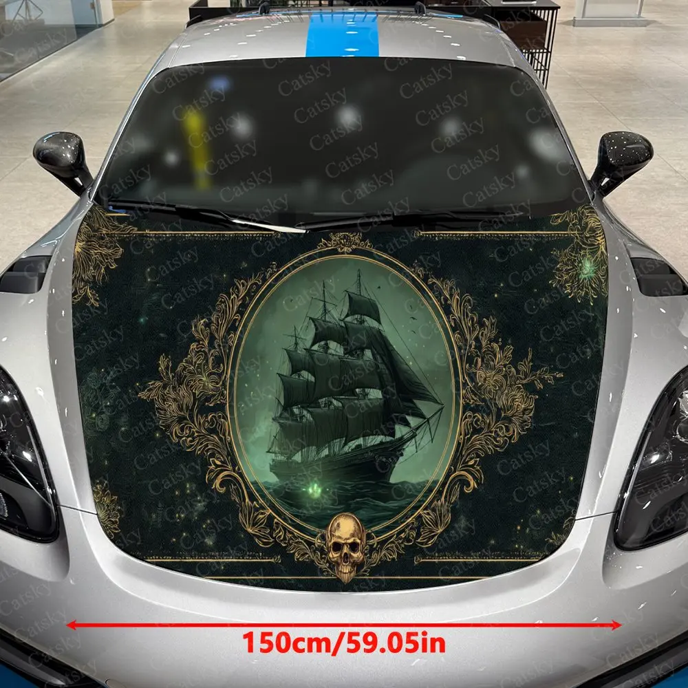 Gilded Pattern Skull Ship Car Vinyl Wrap, PVC Waterproof Car Hood Sticker, Self-Adhesive Scratch-Resistant Stickers