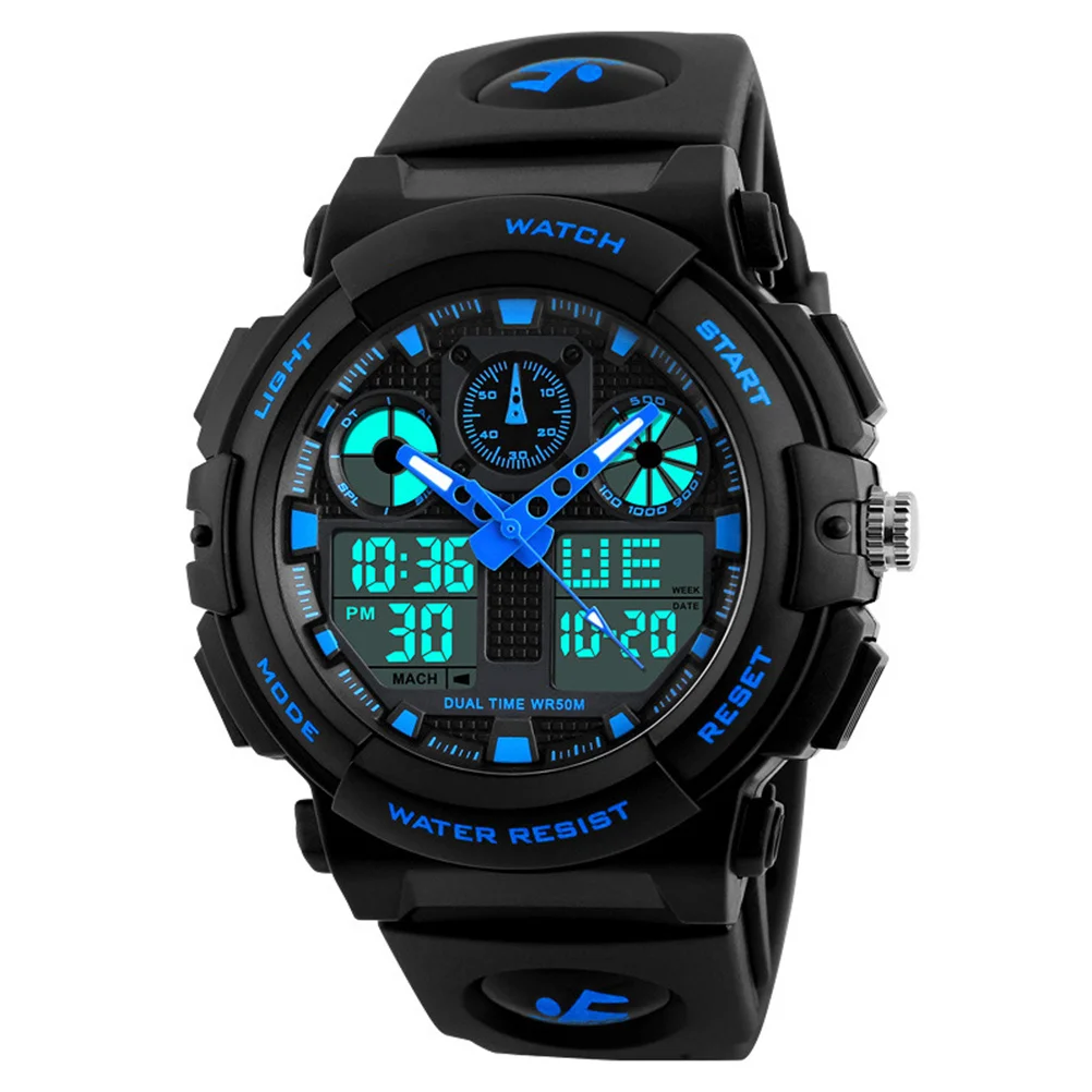 

Waterproof Digital Watch For Men Blue Dual Display Led Electronic Watch With Chronograph Alarm Date 50M Water Resistance