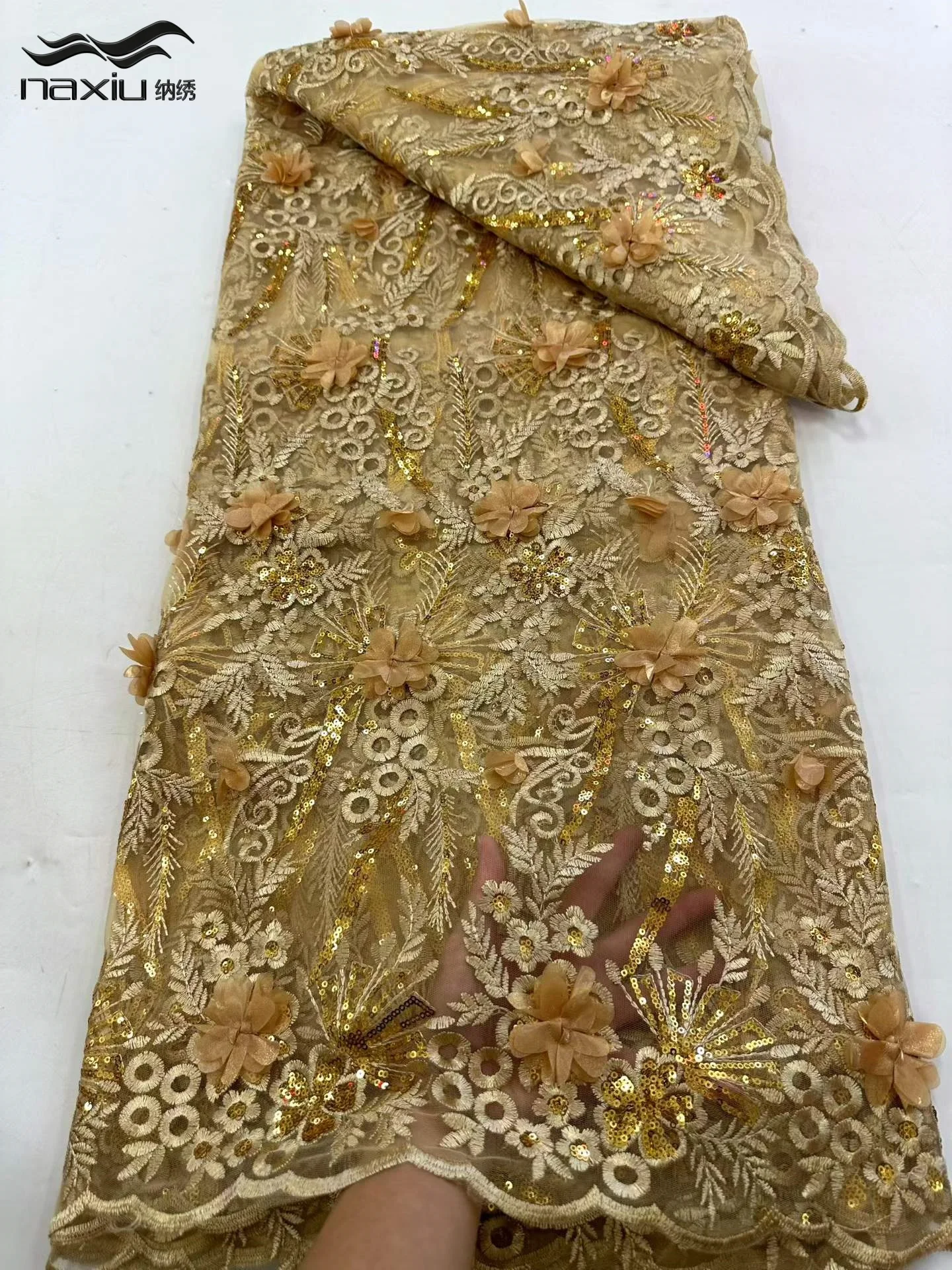 

Madison 5 Yards Luxury African Lace Tulle Fabric 2026 French 3D Flower Embroidered Applique Sequins Fabrics For Party Sewing
