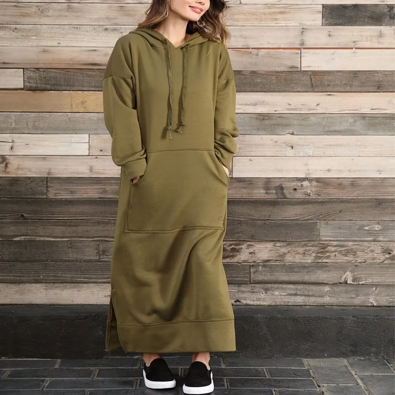 Women Eid Muslim Dresses Hooded Big Pocket Arab Dubai Hoodies Dress Knitting Morocco Abayas Kaftan Solid Color Loose Modest