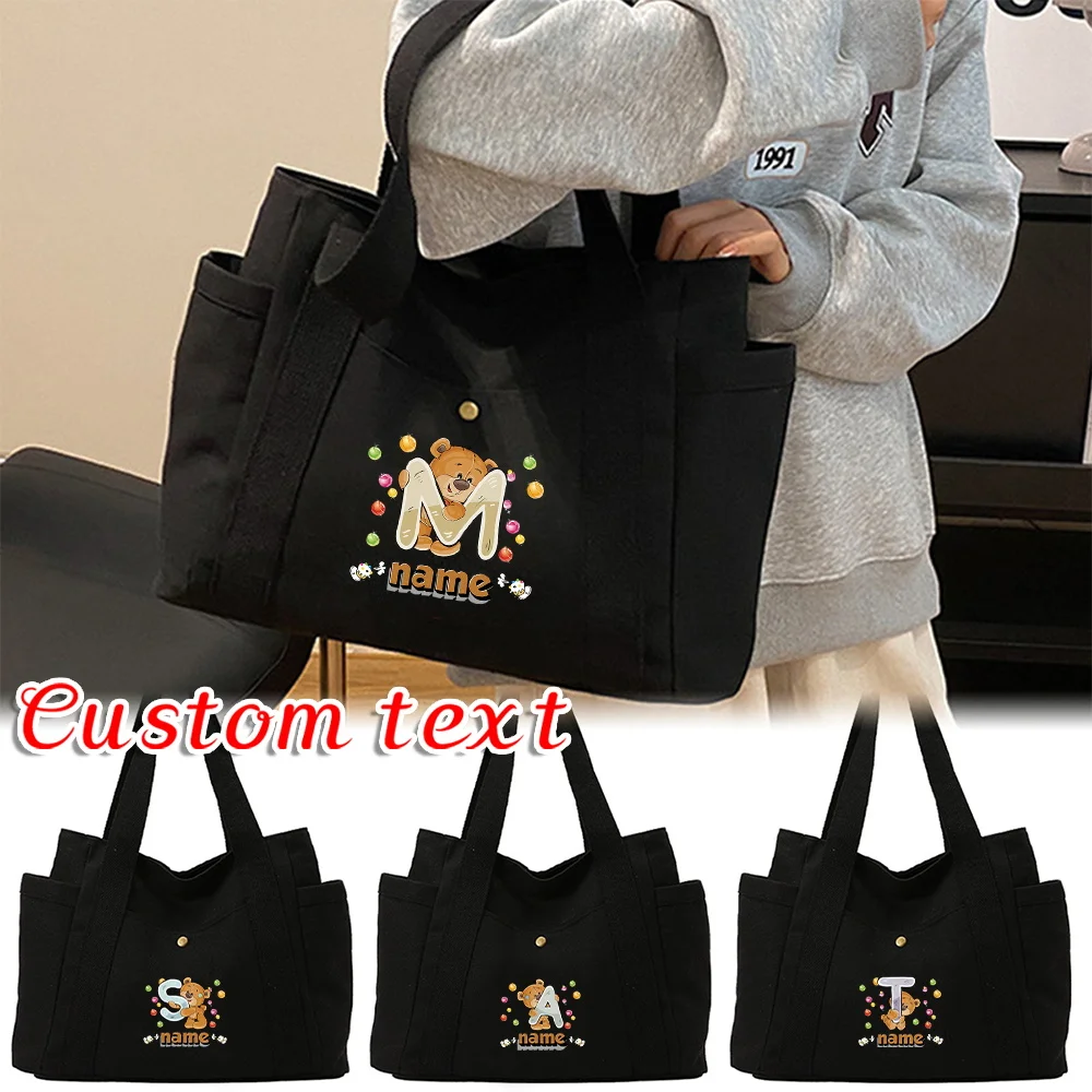 Personalized Customization Name Women's Canvas Shoulder Bag Fashionable Shopping Bag Commuting Storage Bag Cartoon Bear Pattern
