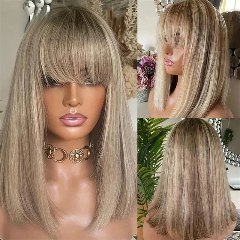 250% de densidad Ombre rubio ceniza Bob corto recto con Bnags HD transparente encaje frontal pelucas de cabello humano tamaño pequeño/grande Cosplay