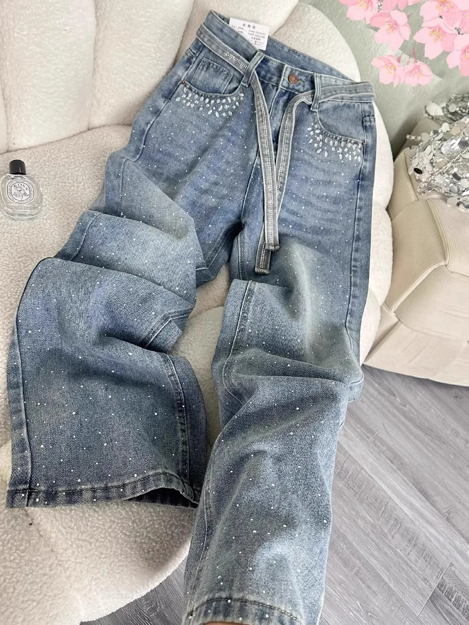 Heavy Du Strass Taille Wijde Pijpen Jeans Casual Hoge Taille Rechte Cut Denim Broek voor Vrouwen Lente Herfst plus Size Slanke...