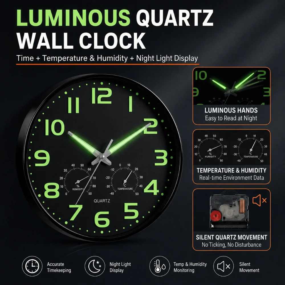 Modern Silent Luminous Wall Clock Temperature Humidity Glow in the Dark Wall Clock Wall Decor Quartz Wall Clock Dorm