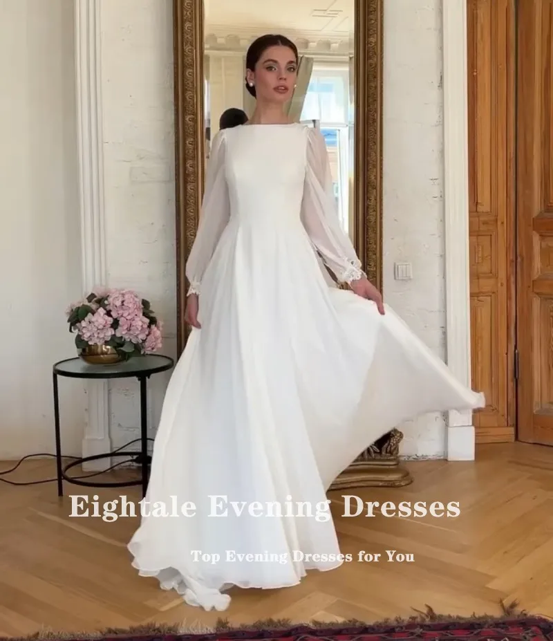 Eightale Boho Wedding Dress Customized O-Neck Long Sleeves White Ivory A-Line Chiffon Muslim Bridal Gown Vestido De Noiva image 6