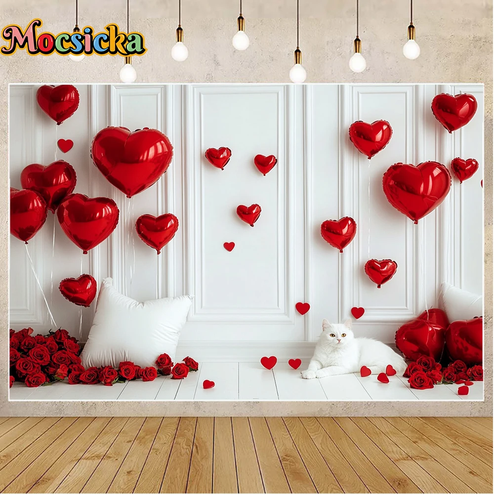 MOCSICKA Valentine's Day photo background Pink balloon Red heart Flower Holiday Family People Portrait Photo Backdrops Studio