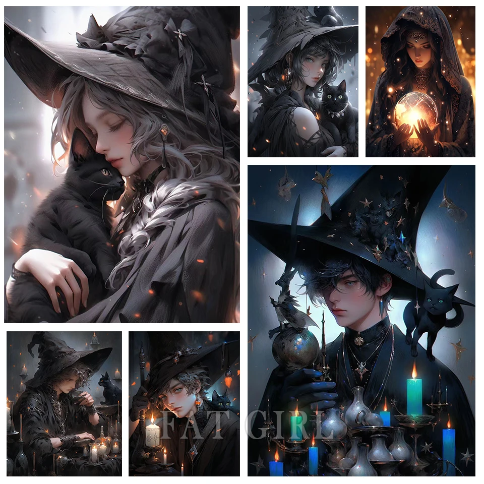 5d Diamond Painting Tools Wizard Series Cross Stitch Kit Diamond Mosaic Witch Full Square Round Black Cat Embroidery Home Decor