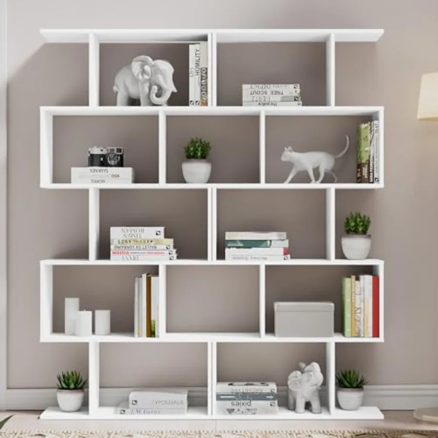 Living room office bookshelf set: geometric S-shaped 62 tall abstract bookcase, engineered wood, white, 5-tier display shelf wi view 3