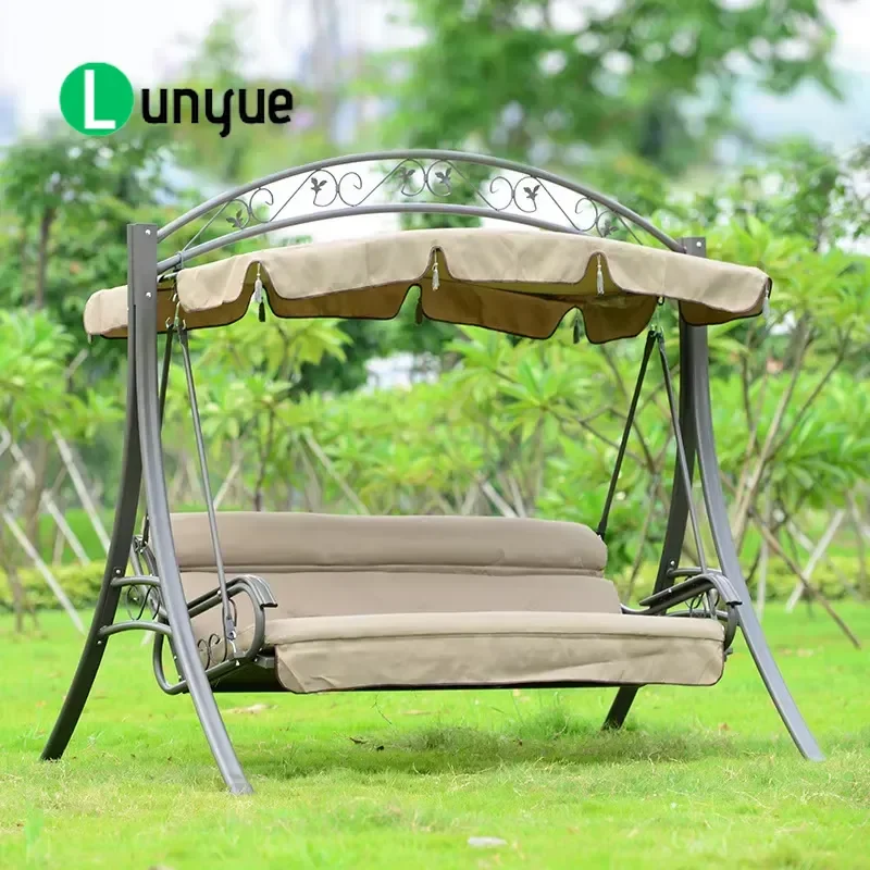 3 Seat Steel Outdoor Swing Chair with Parasol Modern Garden Furniture for Patio Yard Backyard Durable Weather Resistant