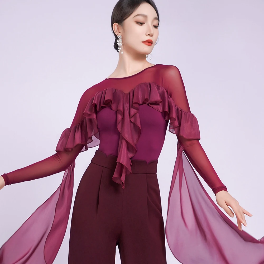 Neues Top für modernen Tanz, Gesellschaftstanz, Roland, lila, langärmelig, schwarz, elegantes Band, Rüschenband, Walzer-Top