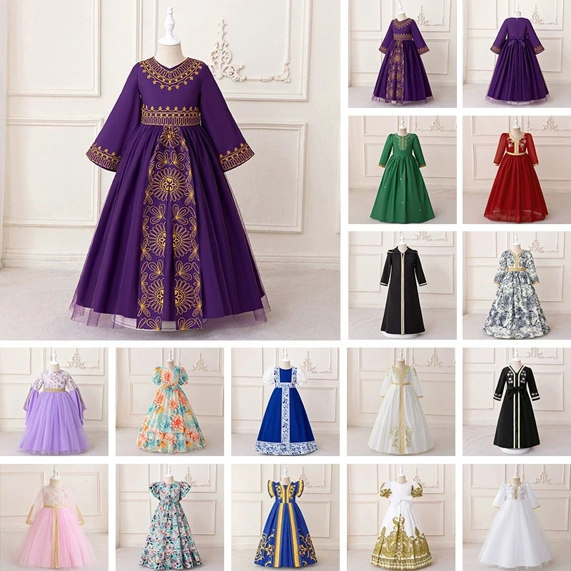 

2025 Middle Eastern Style Evening Gown for Little Girls Dresses with Embellished Gold Trim and Long Robe for Kids