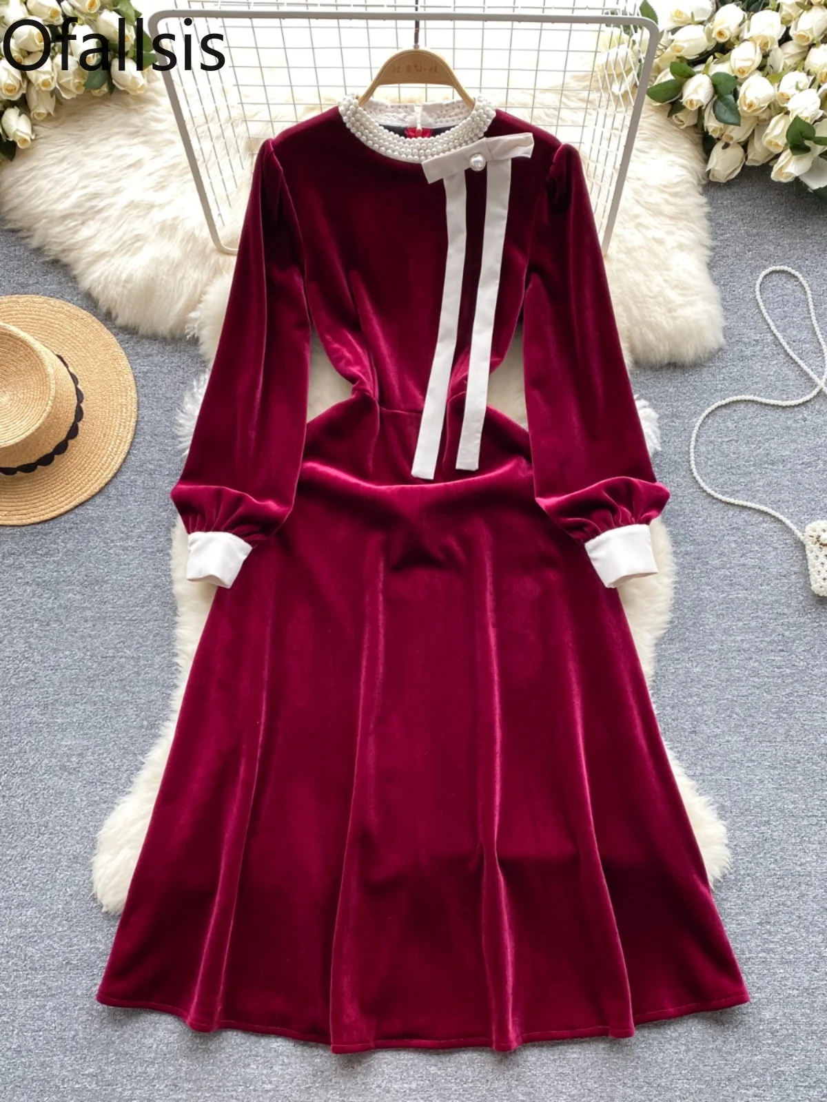 Ofallsis French Style Retro Velvet Dress 2024 Autumn Winter New Vintage Nail Bead Stand Collar Gentle Style Puff Sleeve Dresses