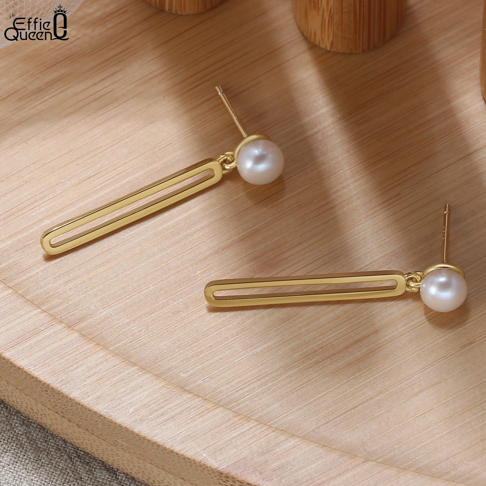 

Effie Queen из стерлингового серебра 925 пробы, золото 14 карат, геометрический стиль, серьги-капли с жемчугом, модные украшения для женщин, банкет GPE29