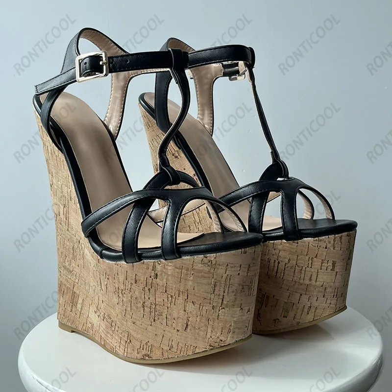 Ronticool Handmade Women T-strap Sandals Ultra High Wedges Heels Round Toe Classics Black Dress Shoes Ladies US Plus Size 5-15