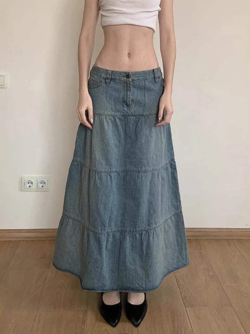 

Сексуальная свободная утягивающая джинсовая юбка, женская юбка трапециевидной формы средней длины, повседневные классические синие юбки с высокой талией f-длины