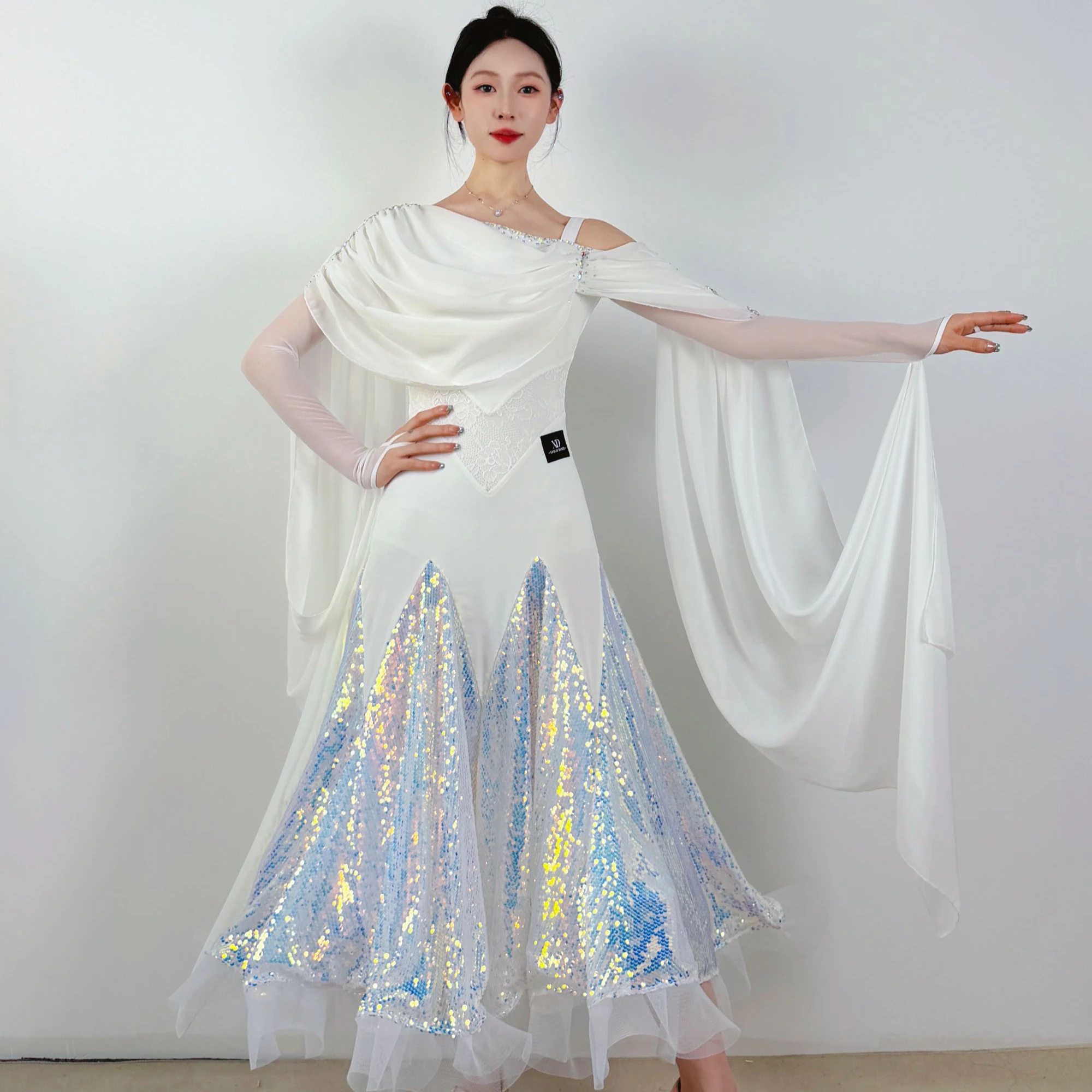 Vestido Moderno para Mujer 2026 con Lentejuelas, Hombros Descubiertos, Estilo Swing, para Baile de Salón, Competencia de Baile, Ropa de Actuación DN24033
