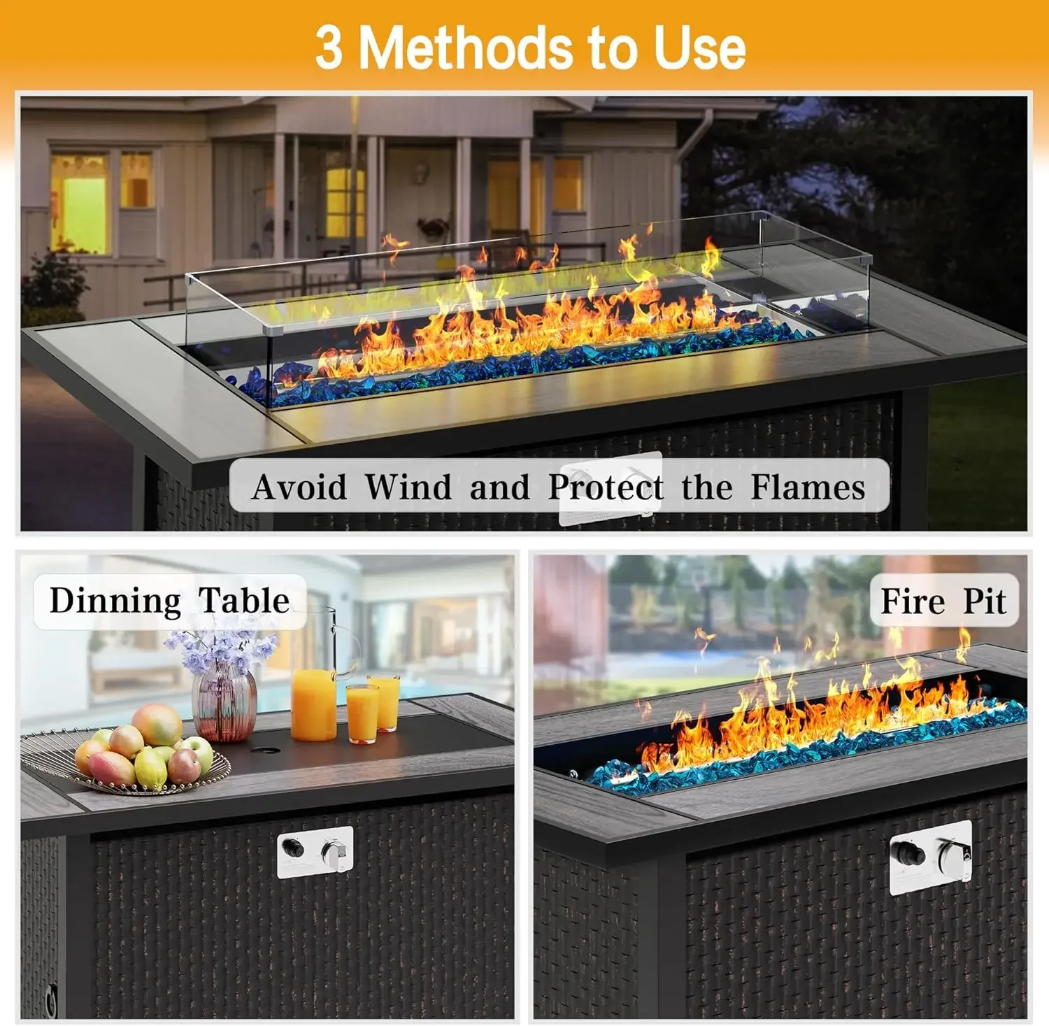 Mesa de fogo, fogueira de propano com proteção contra vento de vidro e capa de chuva, mesa externa 50000 BTU aba de fogo 3 em 1
