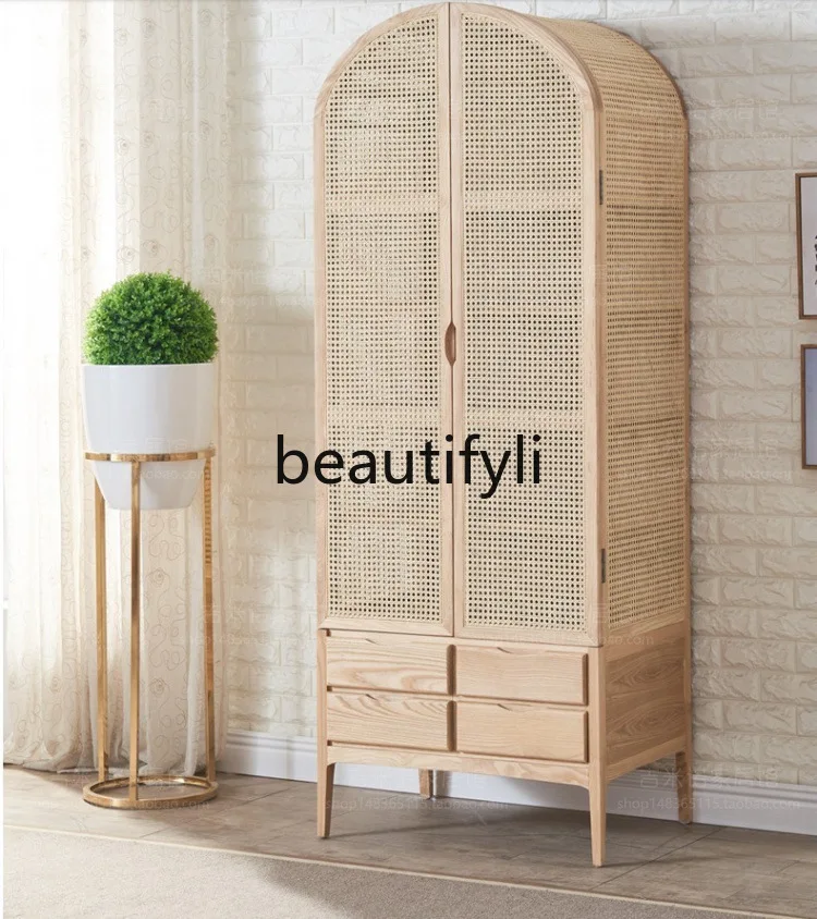 

American solid wood wardrobe bedroom rattan storage cabinet simple modern retro cabinet