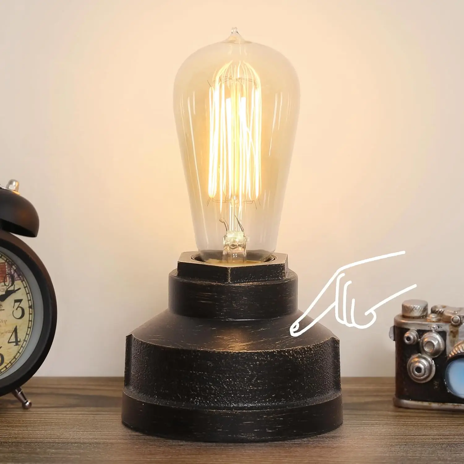 Lámpara de mesa industrial con control táctil, luz de mesita de noche con bombilla Edison regulable, acento Steampunk vintage para dormitorio y sala de estar