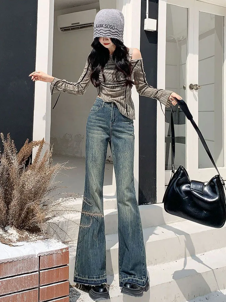 Velours épaissi mode Streetwear jean mince frangé taille haute Bootcut Denim pantalon ample rétro jambe large lavé Vaqueros