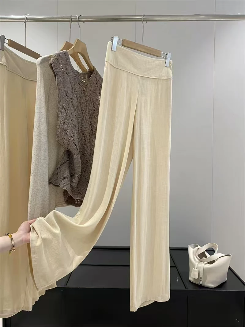 High Waist Wide Leg Casual Pants Women's Summer Thin Linen Mix Breathable Loose Fit Long Trousers Comfortable Straight Cut