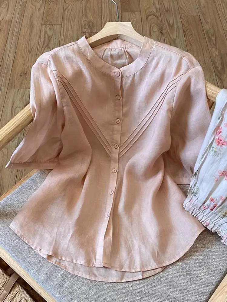 

French Pink Cotton-Linen Collar Sleeveless Shirt Women Summer Lightweight Simple Office Top