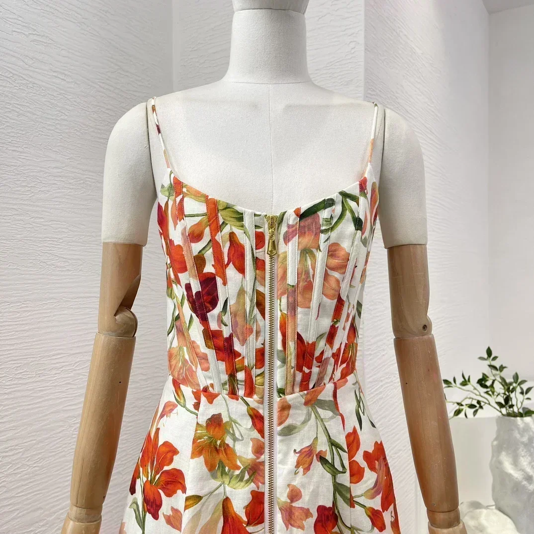 Robe mi-longue rouge à imprimé floral pour femme, robe mi-longue pour les vacances, haute qualité, rétro, fibrisole, fermeture éclair, taille froncée, été, 2024