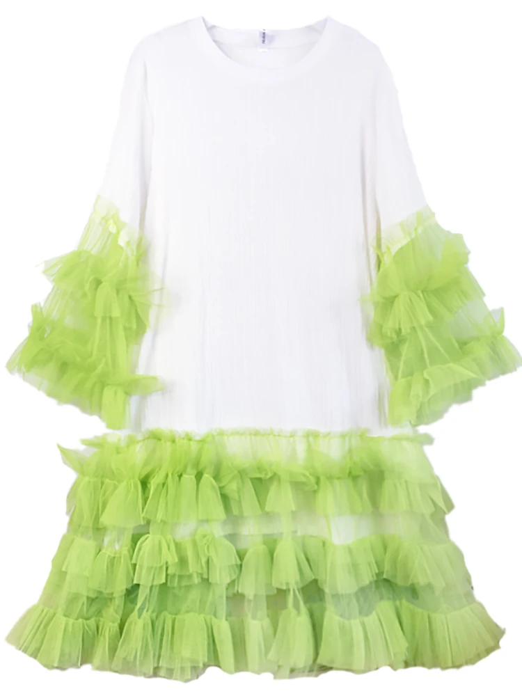 Summer Color Contrast Mesh Spliced Lace Pleated T-Shirts Multi Layered Ruffles Hem Tees Dress Fluffy Flare Sleeve Dress Vestidos