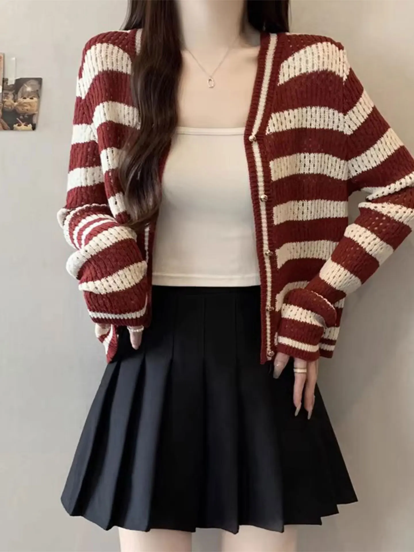 

Длинный вязаный открытый кардиган в красную полоску, весенний женский свободный молодежный ор-свитер большого размера, повседневный джемпер