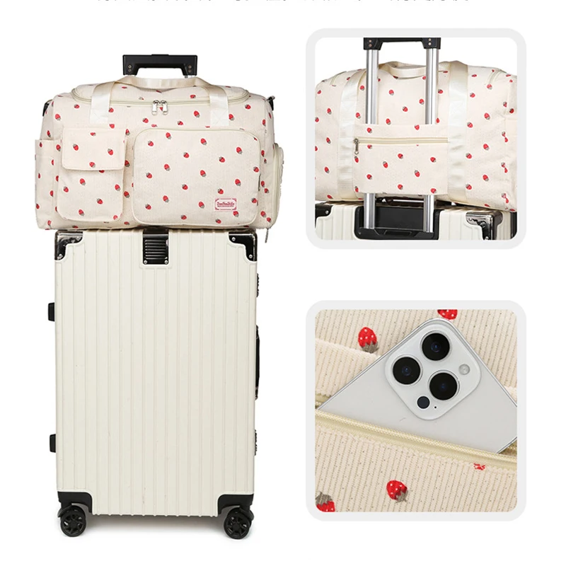 Strawberry Travel Bag Large Capacity Corduroy Luggage Bag Lightweight Crossbody Bag Multifunctional Sports Fitness Bag Handbag
