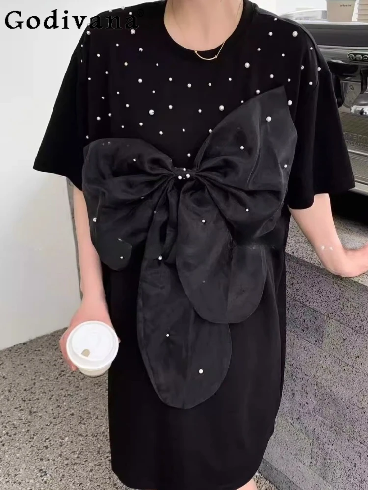 

Large Size 3XL-6XL Women's Summer New Heavy Industry European Version Dress Black Elegant Bow Short Sleeve Bead Loose Dresses