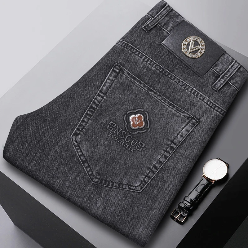 Luxury Brand Dark Grey Jeans For Men Slim Fit Straight Leg Denim Pants Male's Strechy Tousers