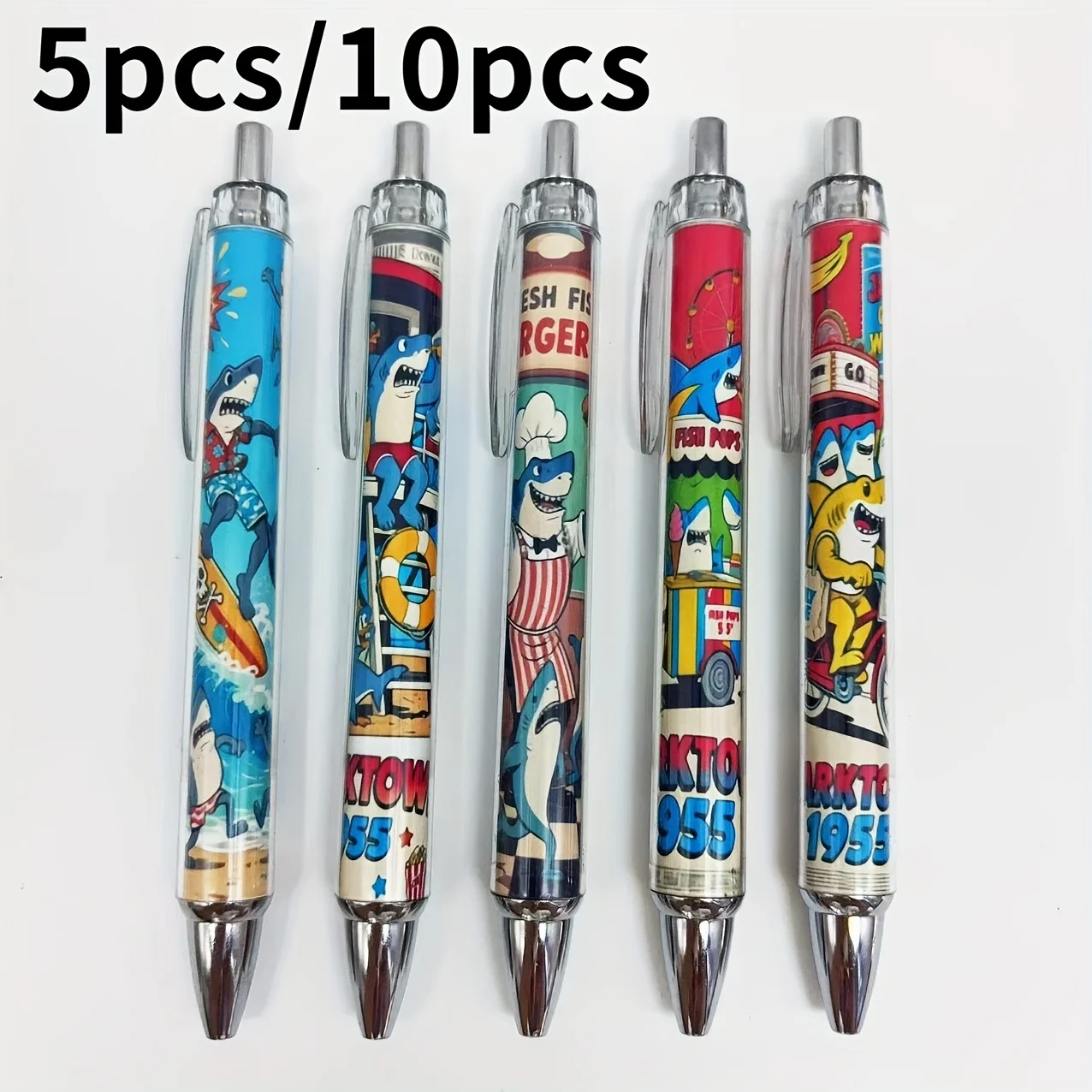 5Pcs/10Pcs Shark Workplace Transformation Retractable Pen Trendy Shark Ballpoint Pen Back-To-School Student Writing Gift Pen